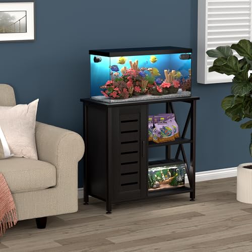 Herture 20-29 Gallon Fish Tank Stand, Aquarium Stand with Cabinet Accessories Storage, Heavy Duty Metal Frame, 31.49" L*15.74" W Tabletop, 330LBS Capacity, Black PG07YGB - color: Black, size: 20-29 Gallon