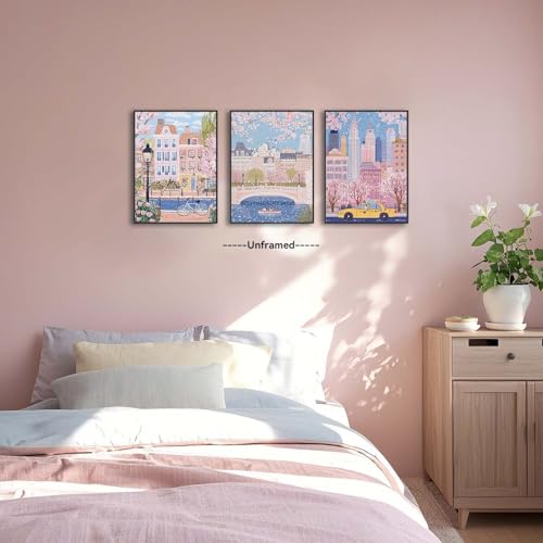 XLARTMY Watercolor City Landscape Travel Wall Art Canvas Framed Pink Cherry Flower Poster Girly Prints Painting Pictures Set of 3 for Bedroom Living Room Office 12x16in Unframed - color: Watercolor City PB, size: 12x16in Poster