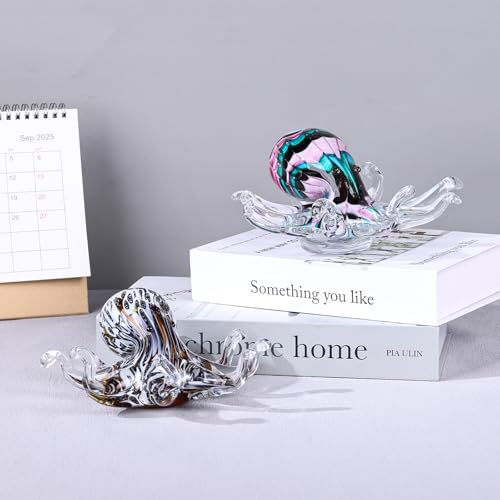 Glass Octopus Statue Home Decor, Hand Blown Glass Decor Ocean Figurines Octopus Sculpture, Murano Art Office Desk Paperweights Fish Tank Aquarium Sea Animals Christmas Birthday Gift (Black)