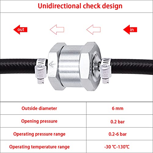 mxuteuk 2Pcs 1/4" 6mm Aluminium Silver Non Return One Way Check Valve with 4Pcs 6-12mm Universal Adjustable Hose Clamps for Fuel Petrol Diesel Line Oil M-H-032-6mm - color: Silver, size: 1/4" 6mm