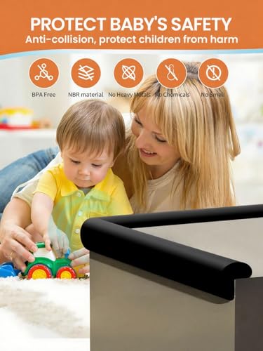Baby Proof Edge Corner Protector, 6.56FT 0.47''Th L-Shape Furniture Corner & Edge Safety Bumpers with 6 Corners, Pre-Taped, Soft NBR Rubber Foam Desk Edge Cushion Wall Corner Protector（Black） - color: Black, size: 0.47''Th (6.56ft)