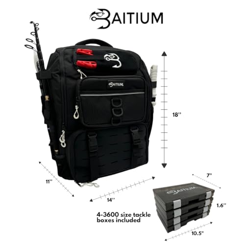 Baitium Fishing Backpack, Tackle Bag With Rod Holders, 40L Capacity With Cooler, Rain Cover, Insulated Pocket, 4 Tackle Trays Included (Jet Black) - color: Jet Black