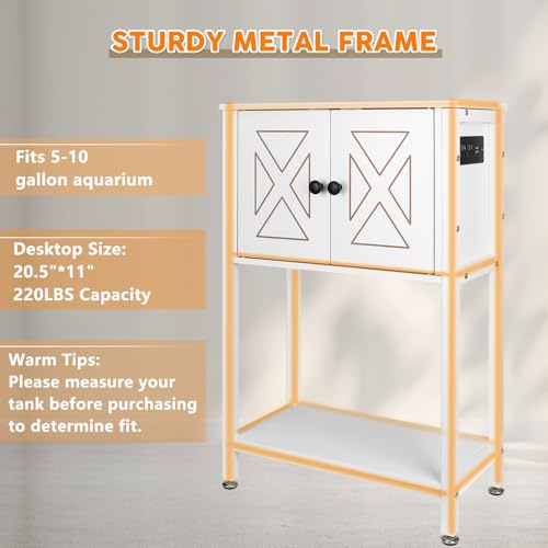 BEURUKU 5-10 Gallon Fish Tank Stand, Heavy Duty Aquarium Stand with Cabinet & Power Outlets for Fish Tank Accessories Storage, Double Reptile Terrarium Stand 20.5" L* 11" W Tabletop, White - color: White, size: 5-10 Gallon