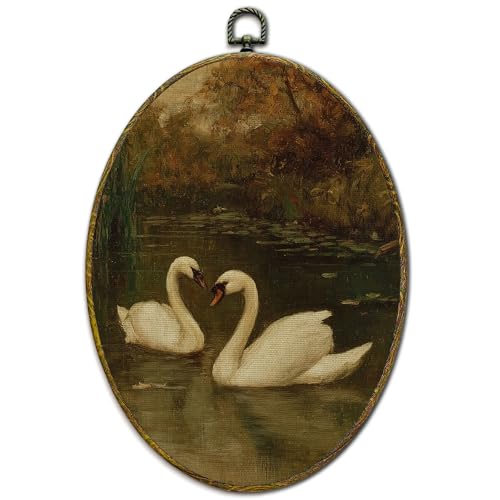 XFCICRLJ Vintage Fall Swan Wall Art Decor, Rustic Farmhouse Swan Oval Canvas Prints Framed, Moody Cottagecore Antique Elegant Animal Wall Art Decorations for Home Bedroom Living Room Decor, 11x8.5 Inch - color: Swan01