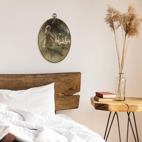 XFCICRLJ Vintage Farmhouse Wall Art Decor, Rustic Cottagecore Oval Canvas Prints Framed, Countryside Goose with Farm Girl Wall Art Decorations for Home Bedroom Living Room Decor, 11x8.5 Inch - color: Swan02