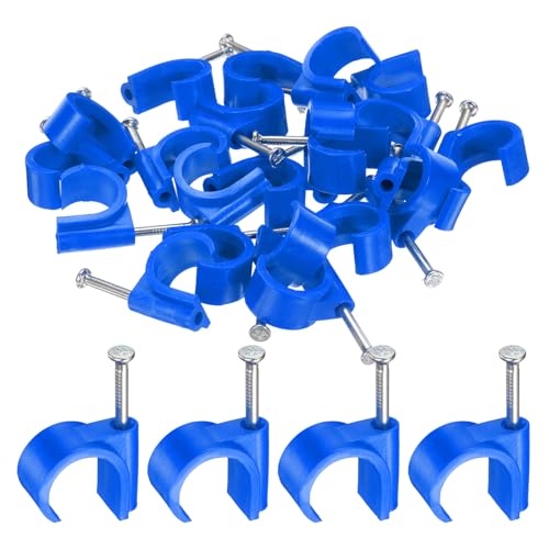 HARFINGTON 50pcs Cable Clips with Nail 20mm Circular Single Hook Half Clamp J-Hook with Nail Cord Clips for Wires on Wall for Ethernet Tacks Coax Pex Tubing Pipe Support, Blue - color: Blue, size: 20mm