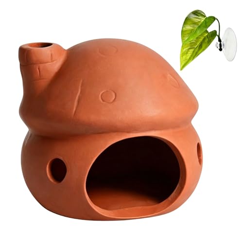 Saim Ceramic Mushroom Cottage Aquarium Decor – No-Paint Betta Cave & Toad House, Axolotl Hide & Shrimp Hideout, Pleco Breeding Cave with Betta Leaf Pad for Freshwater/Saltwater Tank - color: Natural Color & Leaf