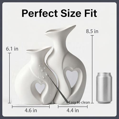 White Heart Vase Set of 2,Modern Vases for Home Console Table Decor for Living Room Coffee Table Fireplace Bookshelf Decorations（3.5" L x 4.4" W x 8.5" H） - color: White