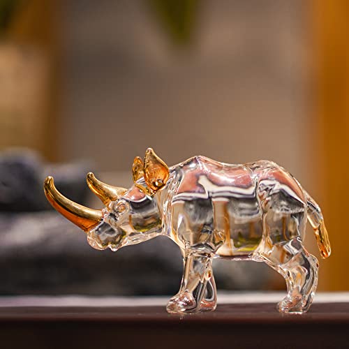 YU FENG 6'' Blown Glass Rhinoceros Animal Figurines Collectibles Crystal Art Rhino Wildlife Paperweight (Clear and Golden) - style: Rhino