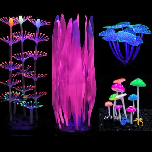 Lpraer 4 Pack Glow Aquarium Decorations Branch Coral Reef Mushroom Seaweed Simulation Glow Plant Glowing Effect Silicone for Fish Tank Decorations - color: 4 Pcs(branch Coral+coral+mushrooms+seaweed)