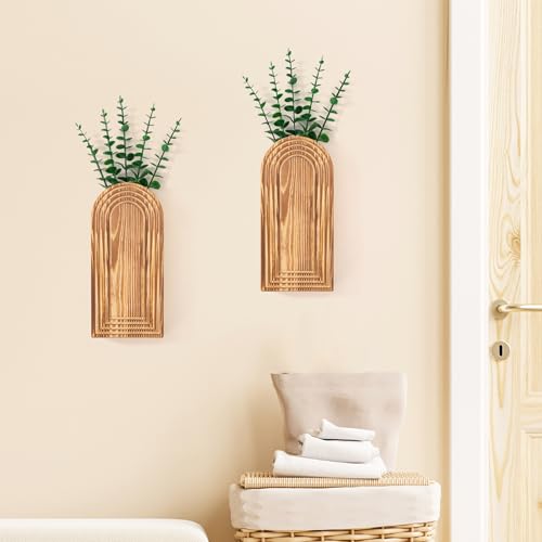 2 Pcs Wooden Wall Vase Set for Decor with 10pcs Artificial Eucalyptus Plants-Boho Hanging Planter Modern Farmhouse Wall Decor for Bathroom Living Room Dining Room Bedroom Kitchen - color: Farmhouse