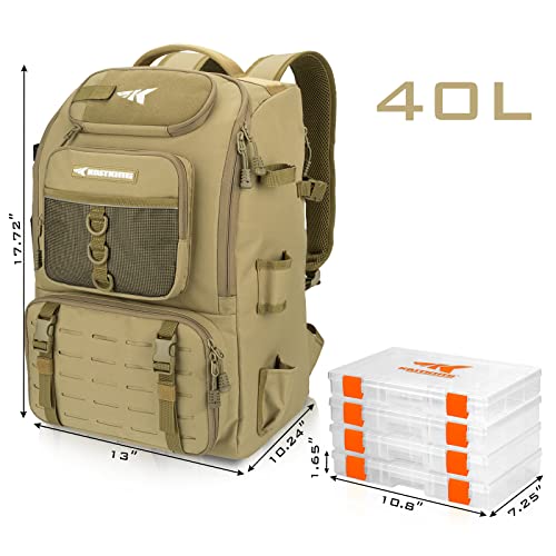 KastKing KarryAll Fishing Tackle Backpack with Rod Holder 4 Tackle Boxes,40/26L Tackle Bag Storage Fishing Gear and Equipment - color: B: Large (40 L) - Khaki