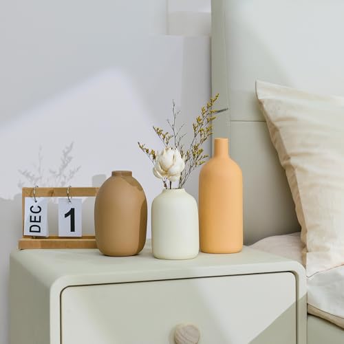 Ceramic Vase Set of 3,Neutral Modern Vases for Bouquet Pampas Grass Dried Fresh Flowers,Rustic Home Decor for Living Room,Bedroom Entryway(Beige) - color: Beige Set of 3