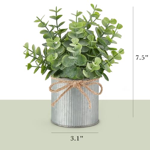 Mkono 2 Packs Small Fake Plants in Farmhouse Galvanized Pots Table Centerpiece Mini Faux Eucalyptus Potted Artificial Plants for Bathroom Shelf Room Rustic Home Decor