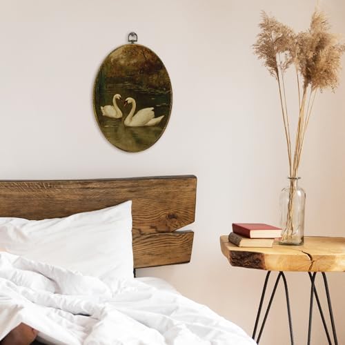 XFCICRLJ Vintage Fall Swan Wall Art Decor, Rustic Farmhouse Swan Oval Canvas Prints Framed, Moody Cottagecore Antique Elegant Animal Wall Art Decorations for Home Bedroom Living Room Decor, 11x8.5 Inch - color: Swan01