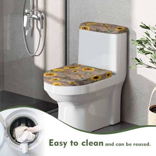 Bathroom Toilet Tank Lid Cover Set of 2, Bathroom Cover Stays in Place Soft Toilet Lid Seat Cover Home Decoration Fits Most Size Toilet Tanks & Lids, Sunflower Wood Grain Print - color: Sunflower Wood Grain Print