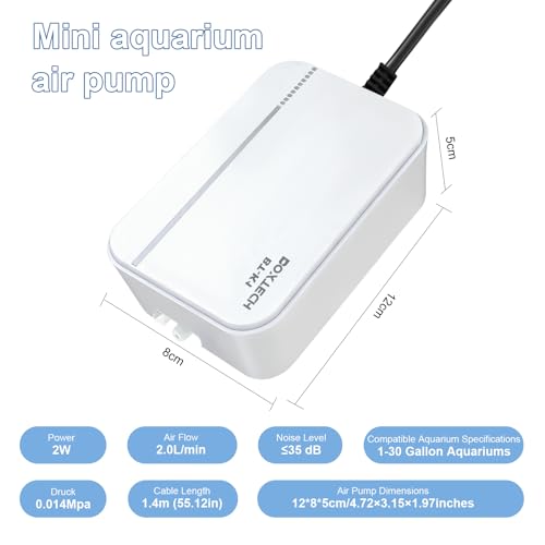 Boxtech Ultra Quiet Aquarium Air Pump, 2W Energy Saving, Low Noise Oxygen Pump for 1-30 Gallon Freshwater and Saltwater Tanks (Only Air Pump) - color: white