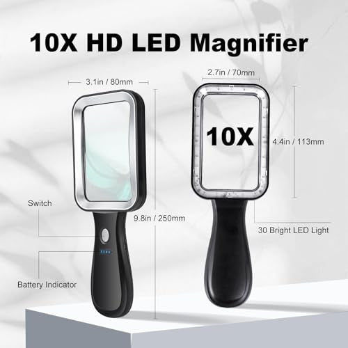 10X Magnifying Glass with Light, Rechargeable Magnifier with 3 Color Modes, Lighted Magnifying Glass Handheld for Seniors Reading Low Vision, Inspection, Close Work - style: 10X Magnifier with LIght