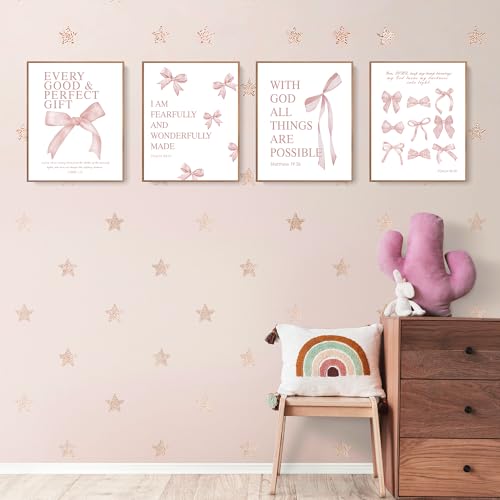 LARTSFRO Coquette Pink Bow Wall Art Decor Posters, Blush Pink Bow Room Bedroom Bathroom Dorm Wall Art Decor Aesthetic for College Teen Girls Gifts, Inspirational Bible Verses Bow Wall Decor, 10x8 Inch Set of 4 Pcs Bow Pictures (UNFRAMED) - color: blush pi