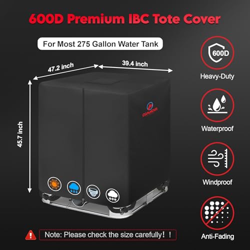 Comnova IBC Tote Cover 275 Gallon - 600D Water Tank Cover for IBC Container with Zipper, Heavy Duty & Waterproof Protective Covers Fit for Outdoor 1000L Garden Water Tank, All-Weather Protection - color: Black - 47.2"L x 39.4"W x 45.7"H