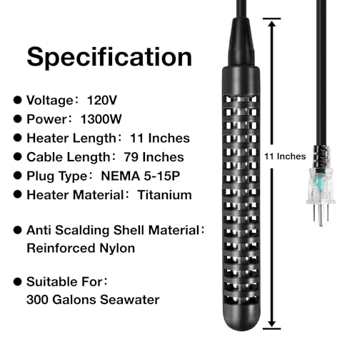 GRILLME 1300W Titanium Fully Submersible Portable Electric Immersion Water Heater,Bucket Water Heater,Seawater Heater for Fish Tank,Seawater Aquaculture,100% Protection Against Seawater Salt Corrosion
