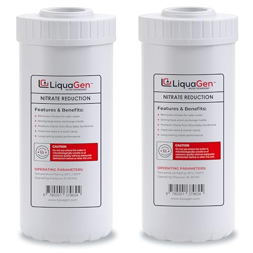 LiquaGen Nitrate Reduction Water Filter Cartridge – Strong Base Anion Resin, Reusable & Refillable, Universal 2.5x10, 2.5x20, 4.5x10, 4.5x20 – Whole House & Aquarium RO/DI (2, 4.5" x 10") - size: 4.5" x 10"