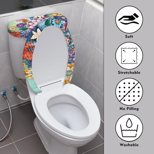 Toilet Tank Lid Cover Replacement Set of 2, Bathroom Toilet Covers Set with Elastic Bottom Fits Most Size Toilet Tanks & Lids Indoor Decoration, Boho Flower Blue Purple - color: Boho Flower Blue Purple