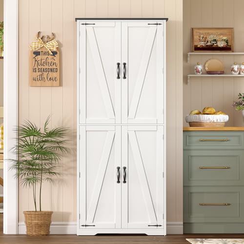 TEENFON Tall Pantry Cabinet, Kitchen Cabinet with 4 Shelves, Adjustable Shelves, Pantry Cabinets with 4 Barn Doors, Tall Kitchen Cabinets for Dining Room, Living Room, White - color: White 4 Doors