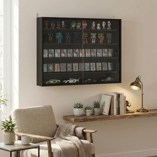HOMCOM 5-Tier Display Cabinet, Glass Door Cabinet with Adjustable Shelves, Wall-Mounted Display Case for Playroom, Bedroom, Jet Black - color: Jet Black