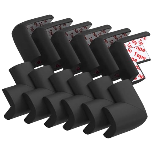 12 Pack Soft Corner Protector Baby Proofing Edge and Corner Guards, Safety Pre-Taped Rubber Foam Furniture Bumper for Fireplace, Table, Stair, Cabinet (Black) - color: Black