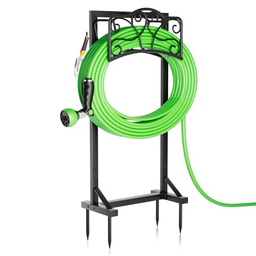 Heavy-Duty Garden Hose Holder with Tool Hooks and Stable Base, XEAPOMS Metal Hose Hanger Garden Hose Storage Holds 160Ft, Rustproof Freestanding Water Hose Holder for Outside, Yard, Lawn, Farm - color: Deep Black