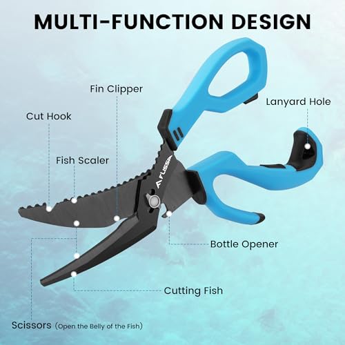 FLISSA 10" Fishing Scissors, Stainless Steel Detachable Kitchen Scissors, Fishing Shears with Fin Clipper & Fish Scaler, Non-Slip Grip, Protective Sheath