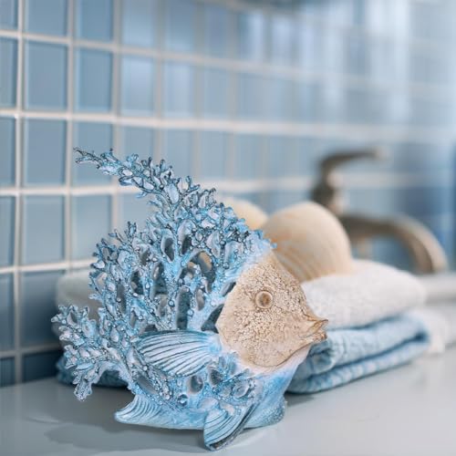 7.28'' Ocean Coral Fish Sculpture – Resin Coastal Fish Figurine with Coral Backdrop, Ocean Blue & Sandy Beige Finish – Nautical Tabletop Accent for Living Room, Beach House & Bathroom Decor - color: Coastal Blue, size: Small