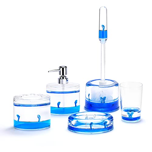 Locco Decor 5 Piece Acrylic Liquid 3D Floating Motion Bathroom Vanity Accessory Set Ocean Cartoon Animal Theme Dolphin Toothbrush Holder, Tumbler, Soap Dispenser, Soap Dish, Toiletbrush Holder Set - size: 5-piece, style: Dolphin