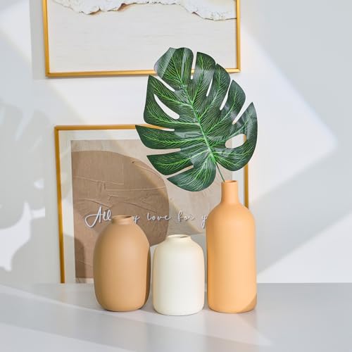 Ceramic Vase Set of 3,Neutral Modern Vases for Bouquet Pampas Grass Dried Fresh Flowers,Rustic Home Decor for Living Room,Bedroom Entryway(Beige) - color: Beige Set of 3