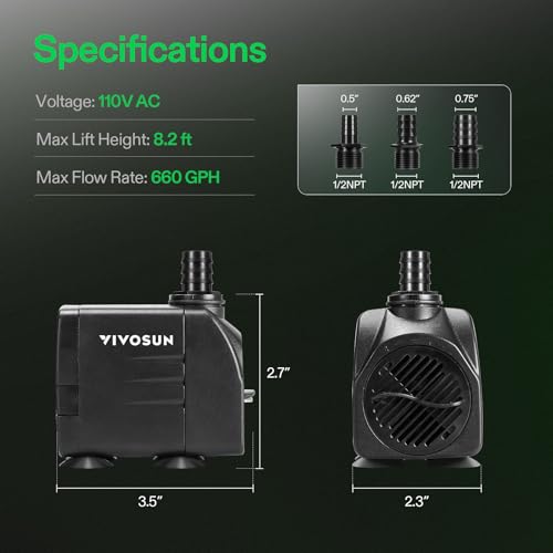 VIVOSUN 660GPH Submersible Water Pump, 2500L/H 35W aquarium pump, Ultra Quiet Fountain Pump with 8.2ft/2.5m High Lift for Fish Tank, Pond, Aquarium, Statuary, Hydroponics - size: 660GPH