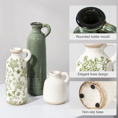 Ceramic Vase Set, 3Pcs Flower Vases for Modern Boho Farmhouse Decor, Decorative Vases for Pampas Grass & Dried Flowers, Distressed Finish - color: A