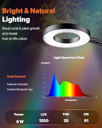 Pawfly Aquarium Light, 6 W Bluetooth Fish Tank Light, Full Spectrum Clip On Aquarium Lights for 1-5 Gallon Tanks, USB 24/7 LED Lights with Timer & Adjustable Brightness (Adapter Not Included)