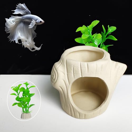 2Pack Aquarium Decor Rock Cave and Plastic Plant Betta Fish Tank Accessories for Fish Shrimp Turtle Crab Hiding Breeding Playing Ceramic Hideout Stone for Fish Bowl