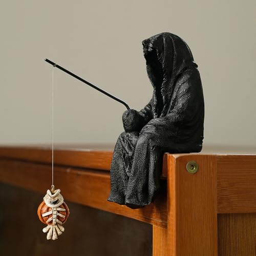 Fishing Sitting Statue Gothic Robe, Halloween Fish Tank Decor, Halloween Statue for Outdoor Garden Yard Lawn Shelf Table and Desktop (2pcs) - color: 2pcs