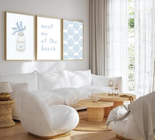 Gschupy Coastal Wall Art Set of 6, Light Blue Beach Decor Pictures with Champagne & Shell Pattern, Unframed Poster Canvas Prints for Bedroom Living Room, Summer Vacation Coastal Home Decor 8x10 Inch - color: Champagne, size: 8x10in