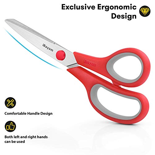 Scissors, iBayam 8" All Purpose Scissors Bulk 3-Pack, Ultra Sharp 2.5mm Thick Blade Shears Comfort-Grip for Office Desk Accessories Sewing Fabric Home Craft School Supplies, Right/Left Handed - color: Red, Black, Blue, size: 3-Pack