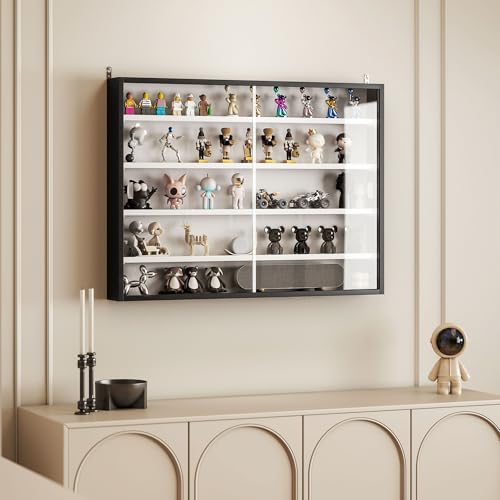 HOMCOM 5-Tier Display Cabinet, Glass Door Cabinet with Adjustable Shelves, Wall-Mounted Display Case for Playroom, Bedroom, Black and White - color: Black and White