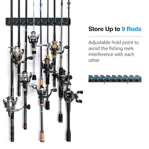 RESTCLOUD Fishing Rod Holder Vertical, Fishing Pole Holders for Garage, Fits 3-19mm Rod Diameter (9 Slots) - size: 9 Slots