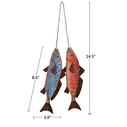 Antique Wood Fish Decor Decorative Wooden Hanging Fish Nautical Indoor Outdoor Decorations Wall Art Ornament (Set of 2)