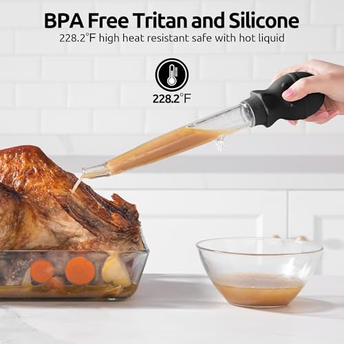 U-Taste 1.5oz Angled Turkey Baster - 228.2ºF Heat Resistant Food Grade Tritan and Silicone Large Octopus Bulb Baster Set with Cleaning Brush for Cooking Basting Meat Poultry Beef Chicken (Black) - color: Black