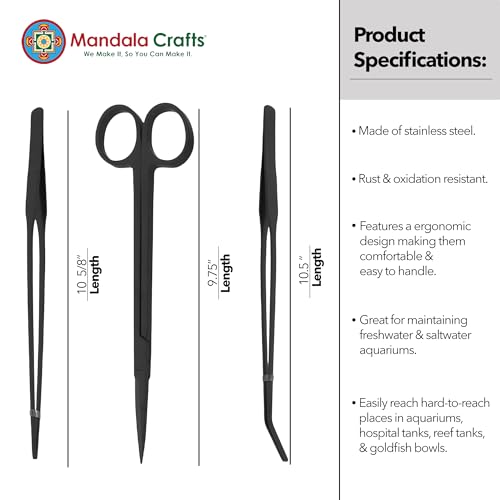 Mandala Crafts Black Stainless Steel Aquascaping Tools Kit – Aquarium Plant Tools with Tweezers and Scissors for Fish Tanks, Hospital Tanks, Goldfish Bowls, Aquariums, and Terrariums - color: Black 3-in-1 Kit, size: 10 Inches