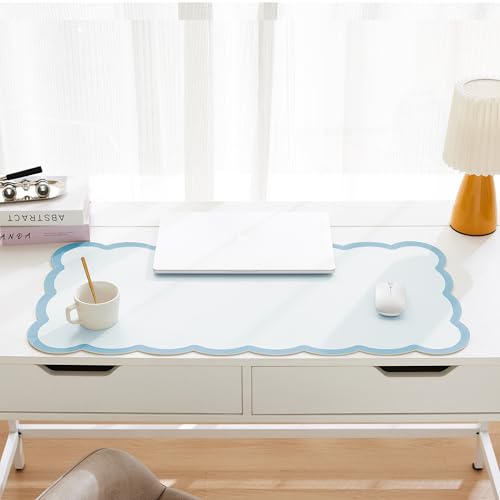 Scalloped Desk Mat, 31.5" x 15.7" Large Cute Aesthetic Desk Accessories, PU Leather Computer Laptop Desk Mouse Keyboard Pad, Desk Writing Mat for Vanity/Work/Home Decor (Blue, 31.5" x 15.7") - color: Blue, size: 31.5" x 15.7"
