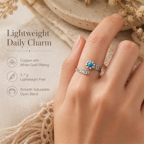 Chunky Rings for Women Statement Adjustable Pearl Ring Turquoise Spoon Ring Sunflower Dainty Open Ring Non Tarnish Unique Jewelry Gift - color: Turquoise Sunflower