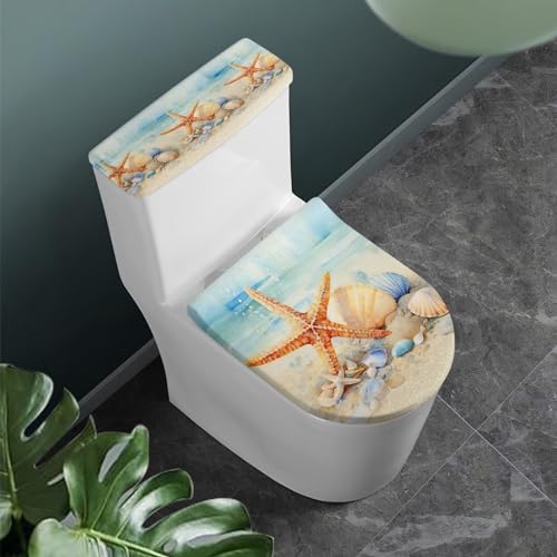 Toilet Lid Cover and Toilet Tank Lid Cover 2 Pieces, with Elastic Edge Bathroom Accessories Decorations Fit for Most Round Elongated and Oblong Lids, Starfish Seashell Painting - color: Starfish Seashell Painting
